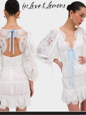 For Love And Lemons White Sheer Lace Dress with Ivory Tag Detail